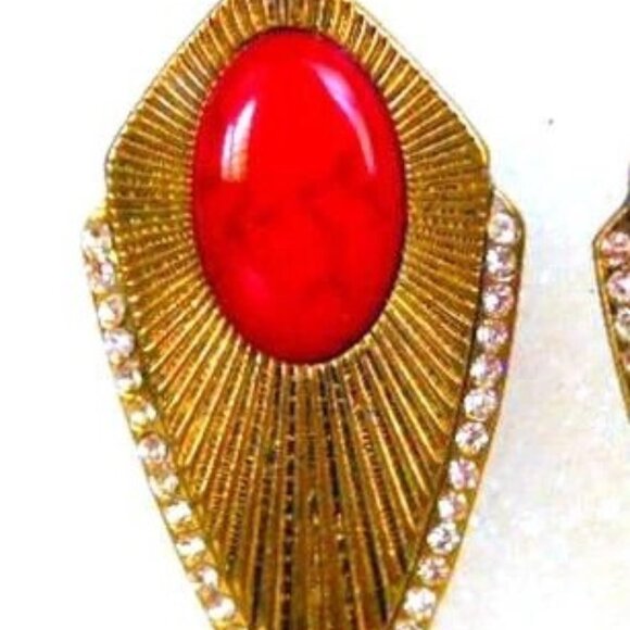 Gold Red Cabochon Rhinestone Sunburst Earrings - Picture 6 of 6